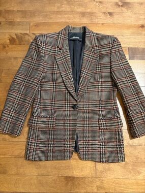 Vintage Wool Cashmere Plaid Single-Button Blazer in Brown, Black & Red